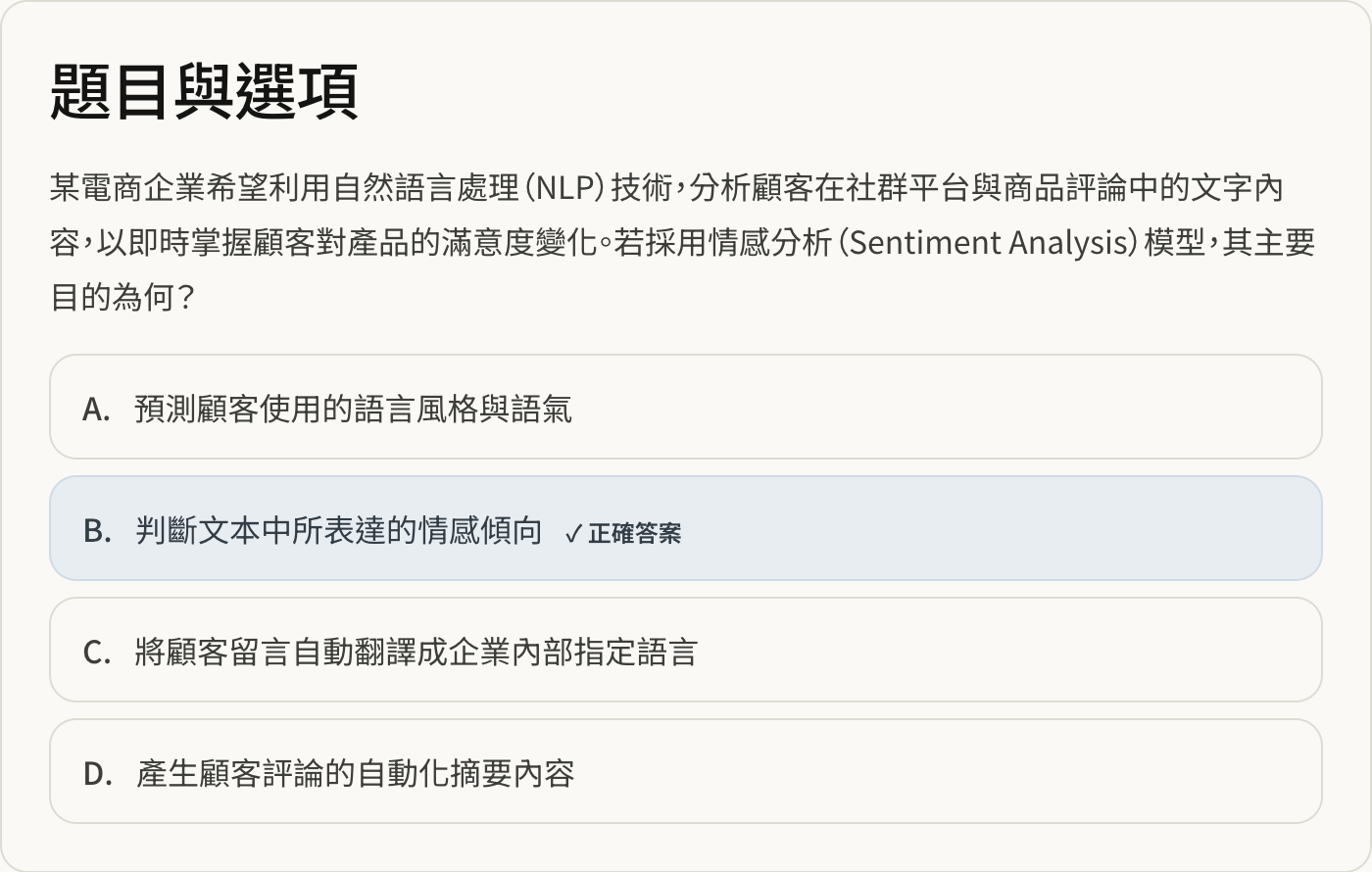 AITerms 真實題目與四個作答選項